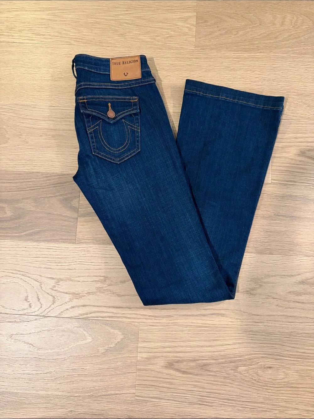 True Religion Dark Blue Flare Jeans with Contrast Stitching